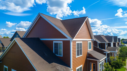 Wall Mural - Wide sweeping aerial perspective of a unique umber house with siding, illustrating the rich color palette of suburban homes under a vibrant blue sky.