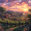 Vineyard painting at dusk with colorful sunset sky and rolling hills