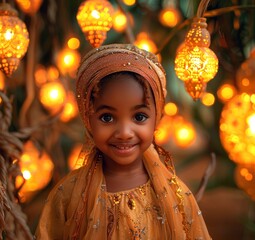 Ai Generative photo of a happy muslim girl with ramadan lanterns in streets