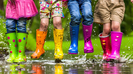 Joyful children Jumping in Colorful Rain Boots on Muddy Ground: Playful Autumn Scene with Vibrant Colors and Rainy Weather