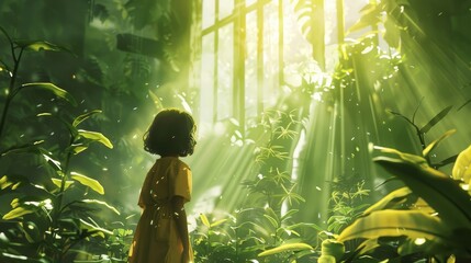 Little girl standing in a lush green forest looking up at the sunlight shining through the trees.