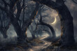 Haunted Forest Path and Gnarled Trees under Crescent Moon