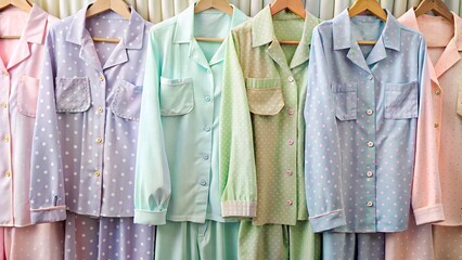 Assortment of female pajamas. Multicolored clothes pajama closeup, background for home clothing store, copy space.