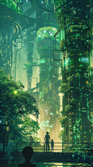 Poster - A futuristic cityscape with green buildings and trees. Scene is futuristic and mysterious