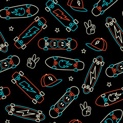 Wall Mural - Skateboard seamless pattern. Skateboard background.Vector line art style seamless pattern with illustrations of skateboards, lightning, caps, and hand signs.