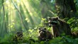 A charming family of raccoons foraging together in a lush green forest with dappled sunlight filtering through.