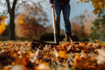 Close up of raking dry autumn foliage oak leaves pile