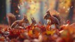 A family of red squirrels playfully chasing each other among the colorful autumn leaves of a dense forest.