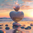 3D rendered photos of watercolor illustration stones in balance on the beach as a heart style made with generative AI