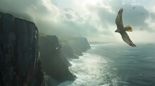 A Magnificent Falcon Soaring High Above Rugged Cliffs Along A Windswept Coastline.