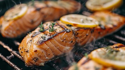 Canvas Print - Fish cooking on grill with lemons