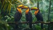 A trio of vibrant toucans perched on a branch, their colorful beaks contrasting with the deep green foliage.
