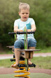 Portrait of a little boy riding on a green spring swing