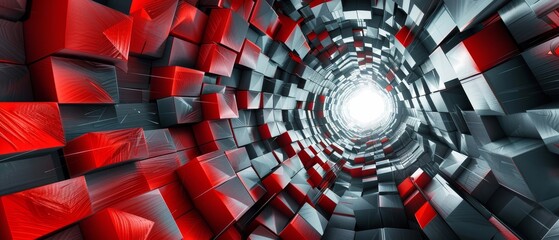 The image is a 3D rendering of a tunnel with red and black cubes. The tunnel is lit by a bright light at the end.