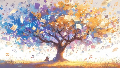 Wall Mural - Colorful tree with musical notes in the style of watercolor on a white background