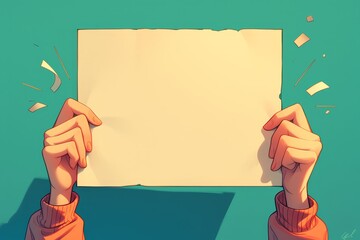 comic style illustration of closeup on two hands holding up blank white paper, green background with comicstyle decorations