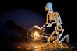 A toy cheerful human skeleton is kneeling by a large dimly lit light bulb, holding the last pennies for expensive electricity. The picture shows an hourglass