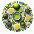 round design of fruits and herbs, including lemons, limes, and mint