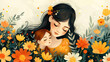 Mother Holding Child in Field of Flowers