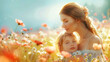 Woman Holding Child in Field of Flowers