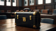Black leather briefcase on the wooden table. 3D rendering
