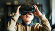 A teenage child wearing virtual glasses is immersed in a virtual reality game, exploring a new gaming world. Children's modern adventure and the latest computer games