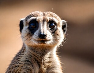 Wall Mural - A close-up portrait of a curious meerkat with large eyes and a furry face, set against a blurred natural background