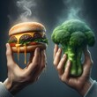 Illustration IA generated showing two hands holding a grease-dripping hamburger and a bunch of broccoli