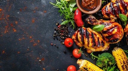 Wall Mural - Summer bbq party concept - grilled chicken, vegetables, corn, salad, top view, copy space