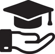 a hand holding a doctoral hat with money on the top, simple, pictogram