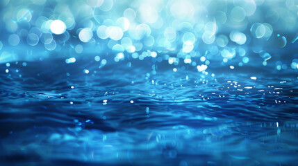 Poster - Tranquil blue water surface with soft lighting and defocused bokeh highlights in abstract background