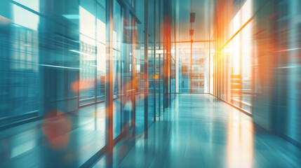 Fototapete - Blurred movement in a vibrant office hallway: an abstract image