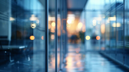 Abstract view of a glass office entrance with blurred lights at dusk