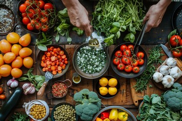 overhead shot of hands seasoning green herbs among an array of colorful, fresh veggies on a wooden t