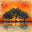 Majestic Oak Trees Standing Tall at Sunset - Watercolor Style