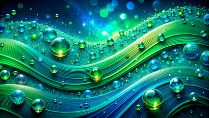 Wall Mural - Abstract background with green waves and water droplets