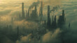 Towering Fossil Fuel Refineries Shrouded in Hazy, Muted Chiaroscuro Lighting during Industrial Revolution Era