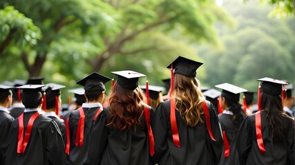 {A digital illustration portraying a graduation ceremony} with {blurred background} highlighting {black caps and red tassels} worn by students at university against {lush green trees}.