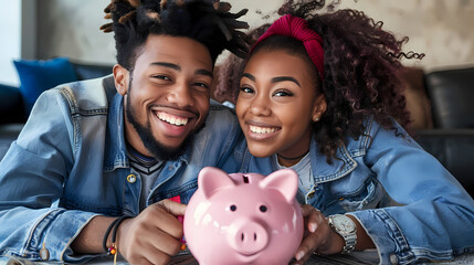 couple saving money in a piggy bank. Planning for the Future: African American Family Saving Money for Their Child