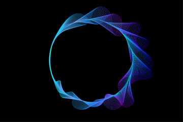 Poster - Abstract round frame with wavy blue purple lines. Flowing smoky gradient circle shape isolated on black background. 