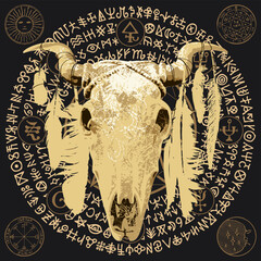 Vector illustration with a horned cow or bull skull with bird feathers, pentagram, occult and witchcraft signs. The symbol of Satanism Baphomet and magic runes written in a circle