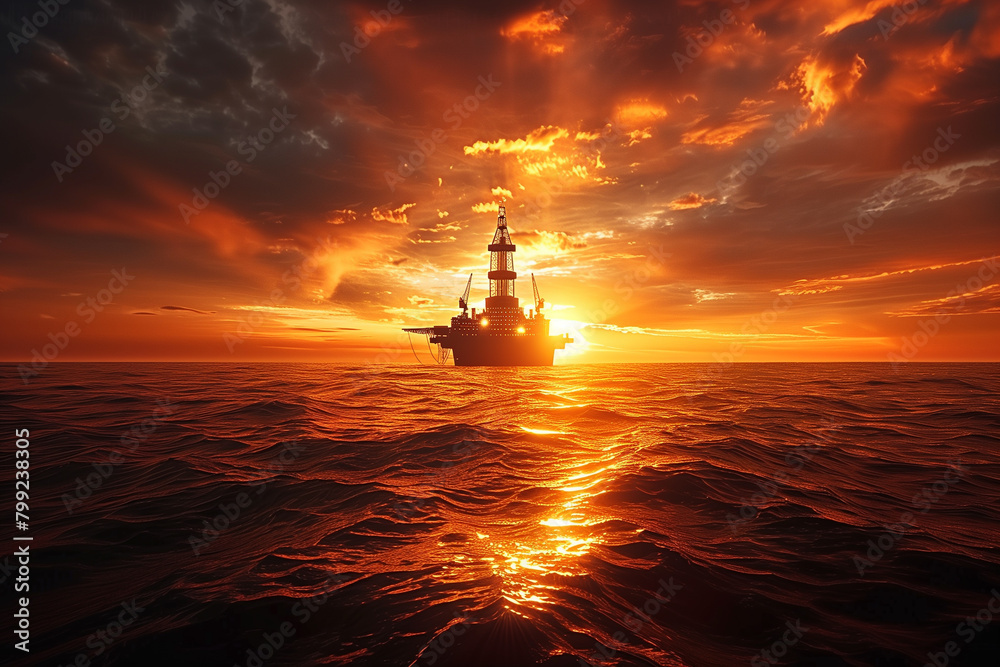 Sunset at Offshore Oil Rig Drilling Platform Scenic View of Oil and Gas ...