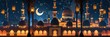 an ornamental lantern with crescent moon on the background of mosque silhouette at night, ramadan concept
