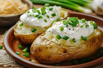 Delicious Baked Potato with Tangy Sour Cream and Fresh Green Onions - Savory Herb Infused Comfort