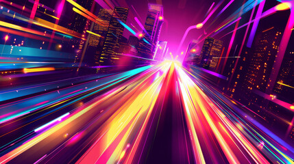 Poster - Lively cityscape adorned with colorful neon lights and blurred motion, evoking the feeling of rapid movement