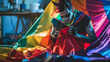 An imaginative illustration depicting the Devil sewing a pride flag, creatively blending themes of rebellion and LGBTQ+ pride in a striking visual metaphor.

