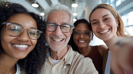 Portrait, selfie, and diverse businesspeople smiling at office for worldwide teambuilding. Our corporate culture profile photo on social media shows happy employees and friends.