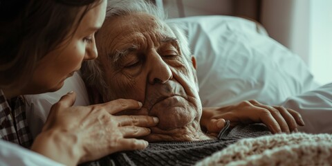 Hospital, sorrowful or old couple, sick patient, and hug for empathy, marriage, and senior assistance. Medical emergency, whisper, and man cough in bed from cancer or disease