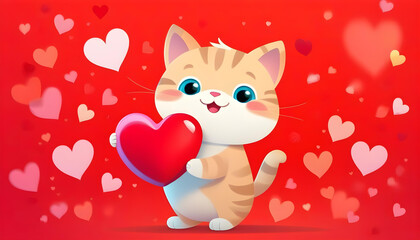 Wall Mural - A digital illustration of a cat holding a red heart against a red background