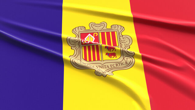 Andorra flag. Fabric textured Andorran flag. Flags of the World.
